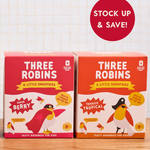 Three Robins Super Berry and Totally Tropical Little Smoothie multipack boxes side by side with stock up and save sticker