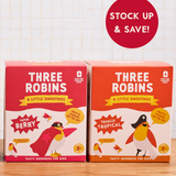 Three Robins Super Berry and Totally Tropical Little Smoothie multipack boxes side by side with stock up and save sticker