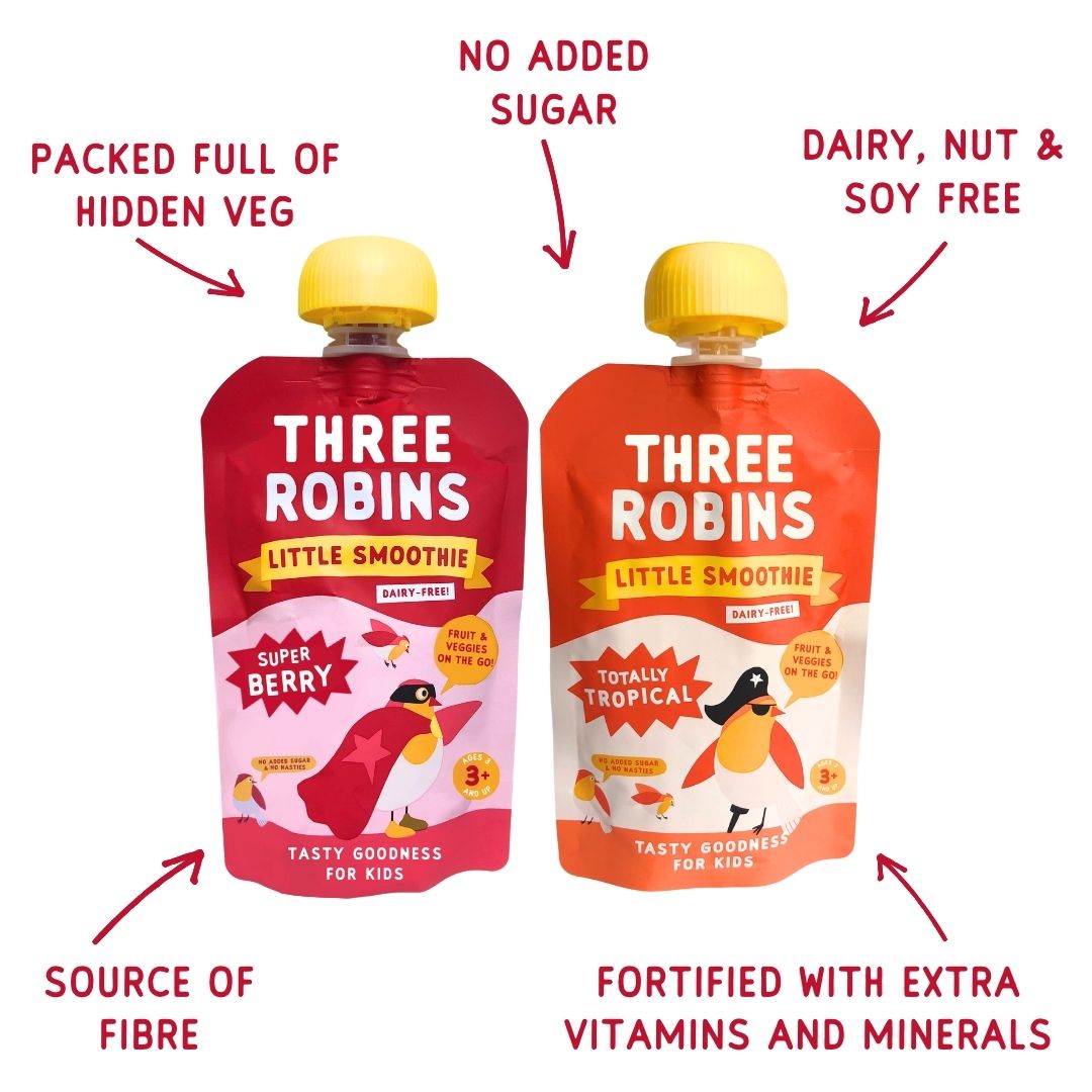 Three Robins Little Smoothies, Super Berry and Totally Tropical smoothie pouches. No added sugar, source of fibre, fortified with vitamins and minerals, dairy, nut and soy free, packed full of hidden veg