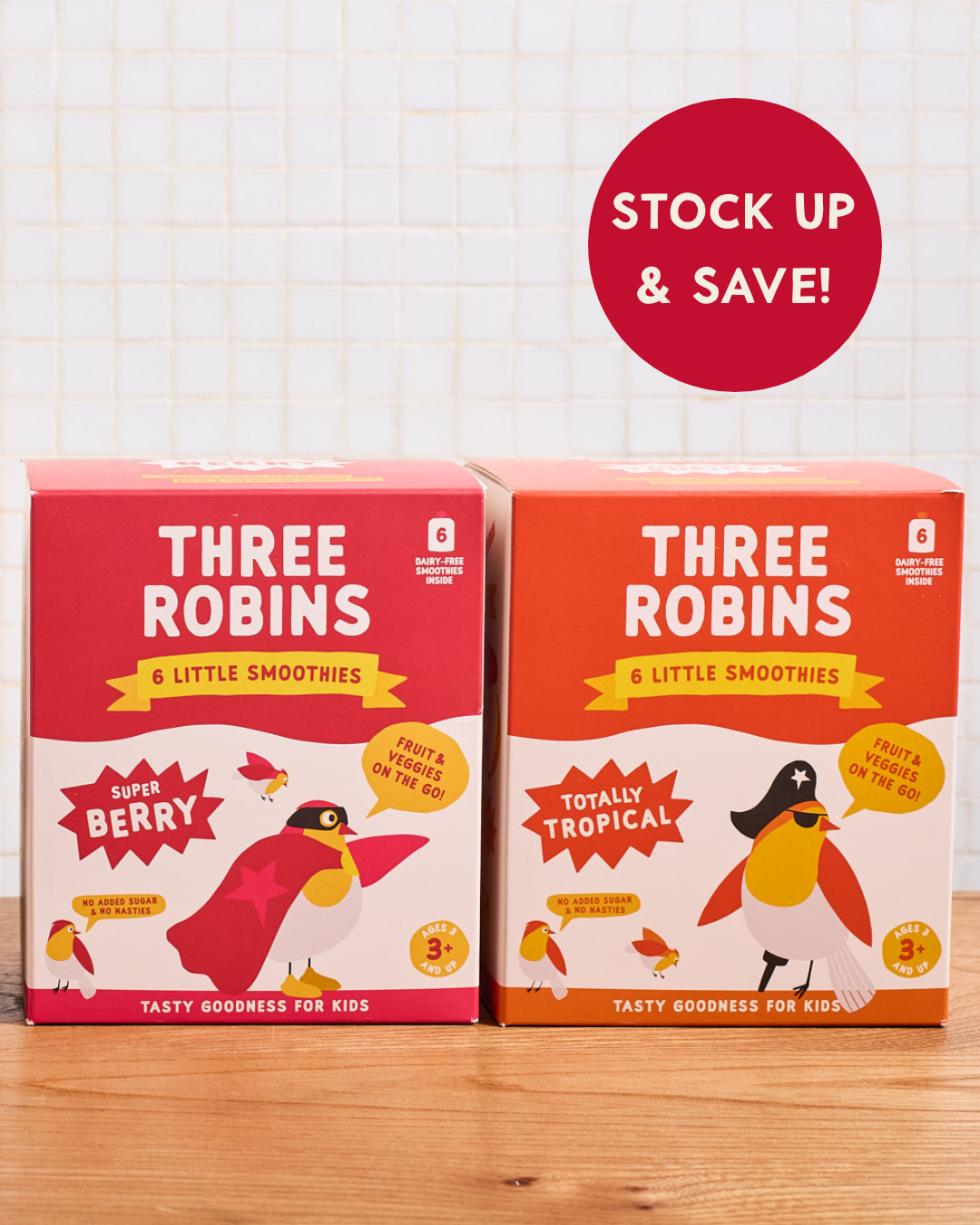 Three Robins Super Berry and Totally Tropical Little Smoothie multipack boxes side by side with stock up and save sticker
