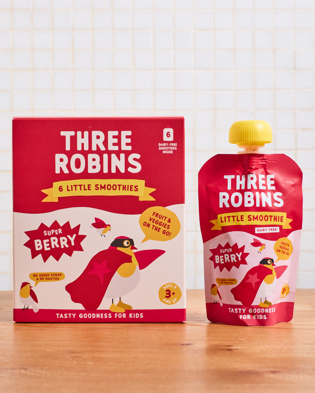 Three Robins Super Berry Little Smoothie multipack box beside pouch