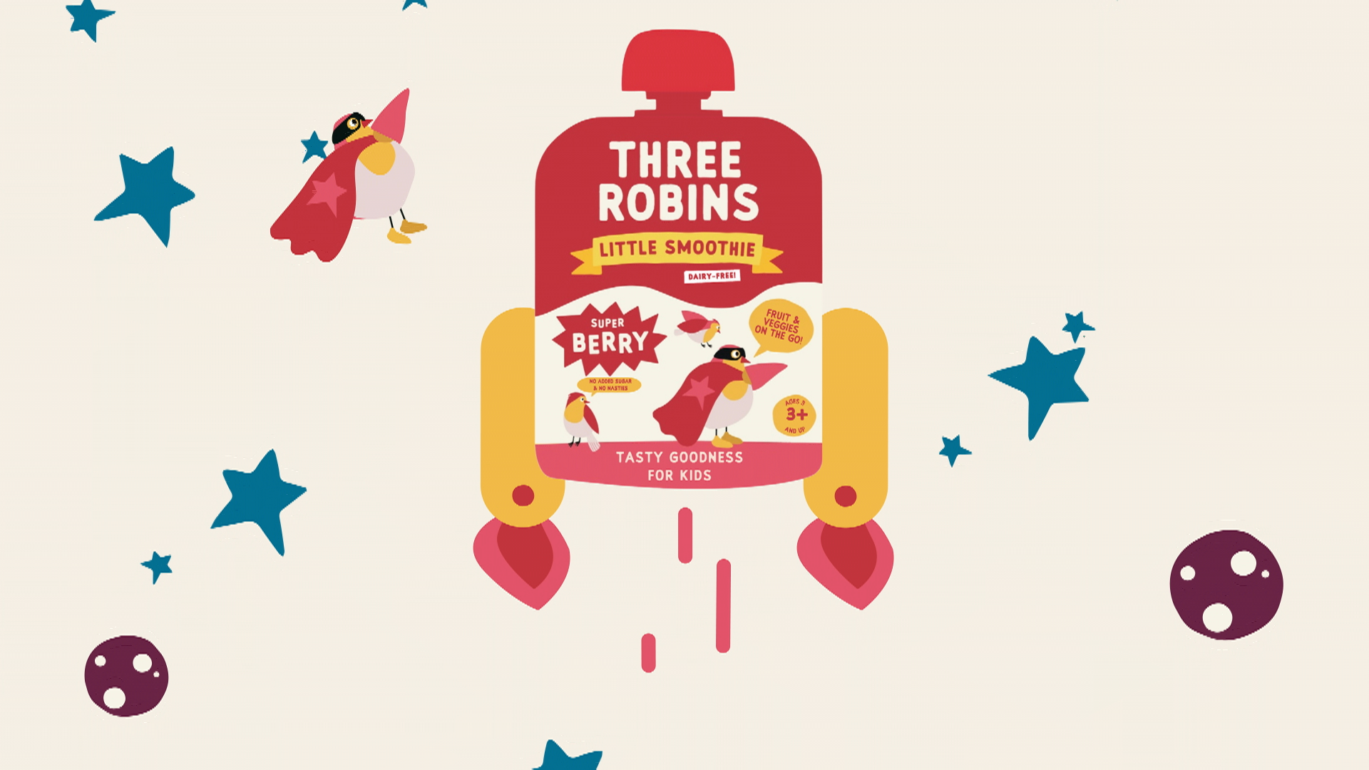A still from Three Robins STV ad, smoothie pouch as a rocket flying into space with blue start and our super hero robin