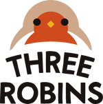 Three Robins written in brand font with small robin head above.