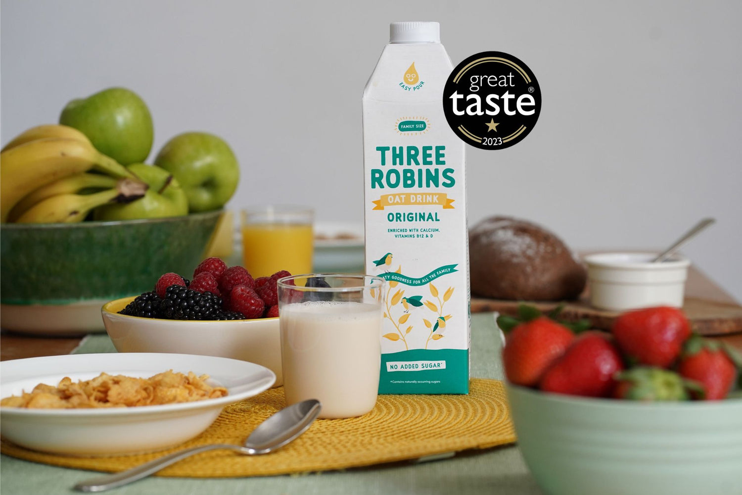 Three Robins Oat Milk at the breakfast table with Great Taste Award